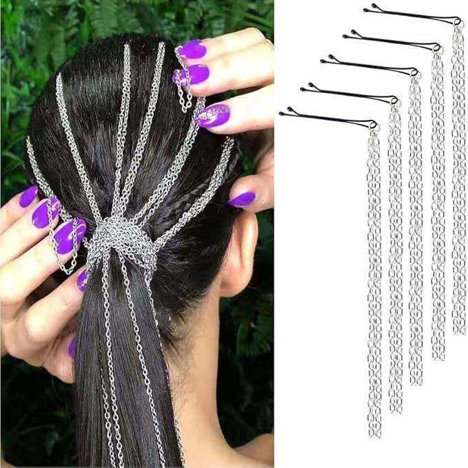 5PCS Dreadlocks Metal Tassel Ponytail Multi-Strand Hair Chain Prom Party Concave styling hair accessories hair extension chain with clip for girls and women (silver)