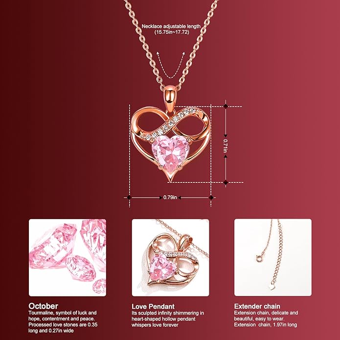 Rose Gold Birthstone Necklaces Heart Birthstone Pendant Necklaces For Women Valentine's Day Mother's Day Anniversary Christmas Gifts