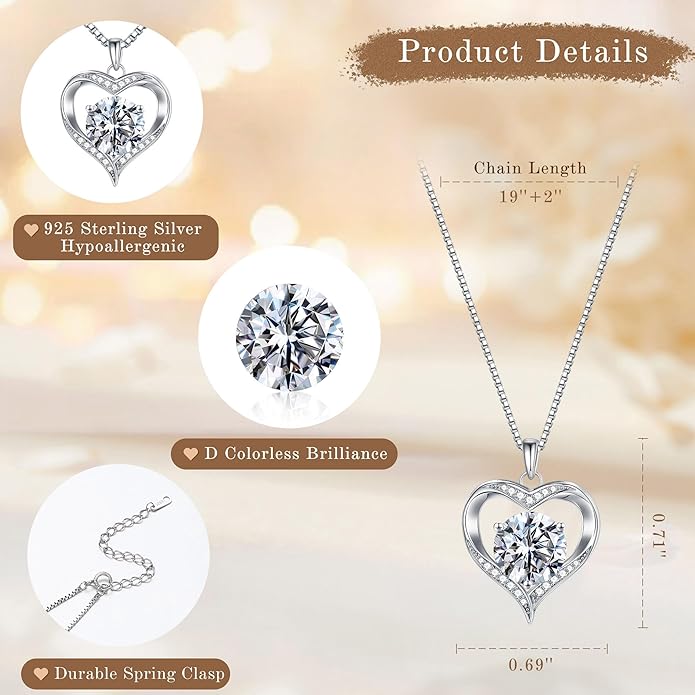MOOSEA Moissanite Heart Pendant Necklaces for Women, 1-3ct D Color VVS1 925 Sterling Silver Anniversary Birthday Gifts for Women Wife Girlfriend Jewelry Moissanite Necklace