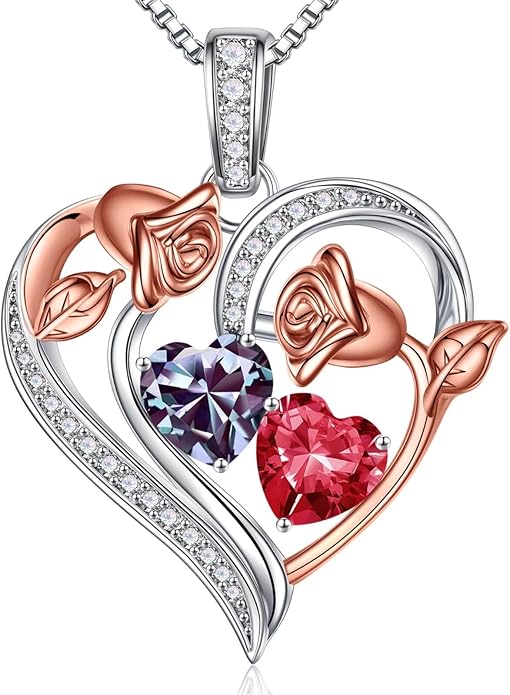 Iefil Birthstone Necklace for Women - 925 Sterling Silver Rose Heart Necklace, Birthstone Jewelry, Anniversary Birthday Gifts for Wife Girlfriend Mom Daughter