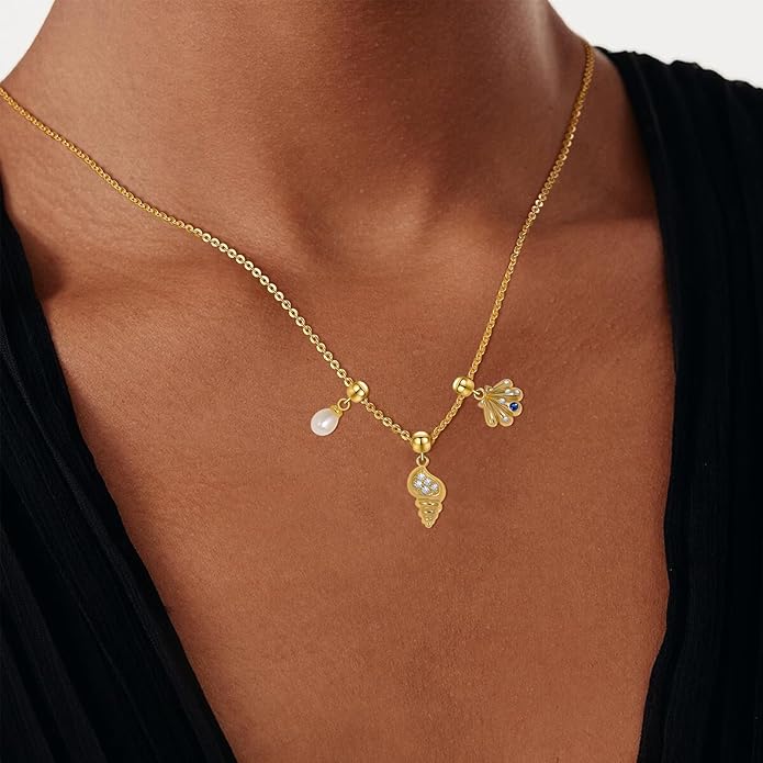 Summer Holiday Necklace,Dainty Chain, Charm Necklace For Women,Cute Cat Charm,Natural Pearls,18k Gold Plated,Choose Your Favorite Charm, Change Easily