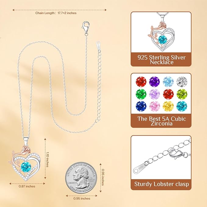 moshen Rose Heart Necklace for Women,925 Sterling Silver Birthstone Pendant - Gift for Women on Valentine's Day, Birthday, Christmas, Anniversary, Mather's Day (12-December-Blue Zirconia)