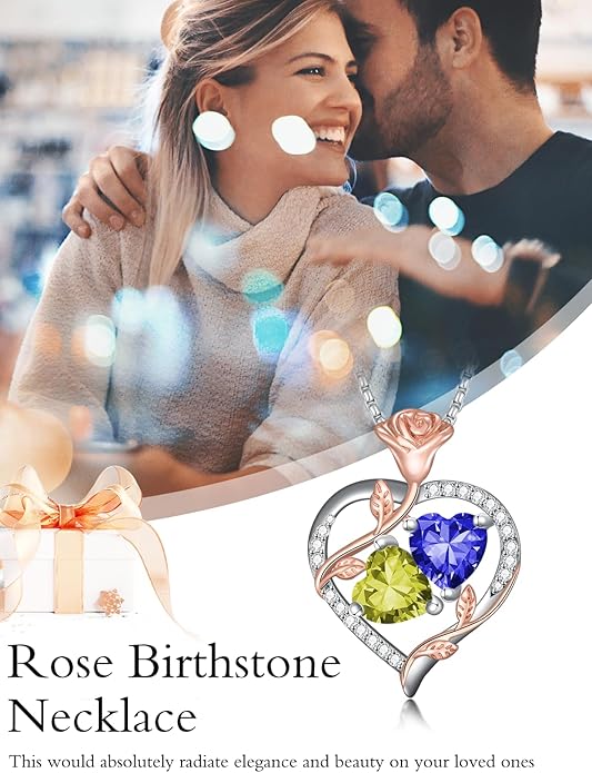 Jewelry for Her Double Heart Rose Birthstone Pendant Necklace Anniversary Jewelry Christmas Birthday Gifts for Women Wife Girlfriend