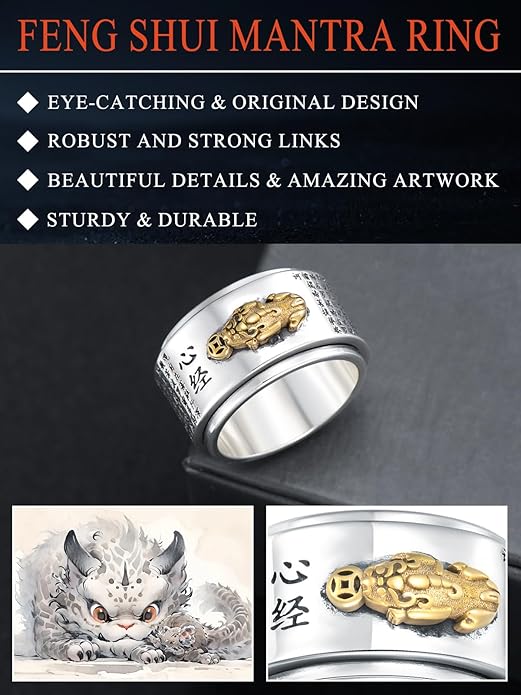 Seiyang Feng Shui Ring 925 Stering Silver Pixiu Mantra Ring Protection Wealth Adjustable Rings Gift for Men Women (with Gift Box)