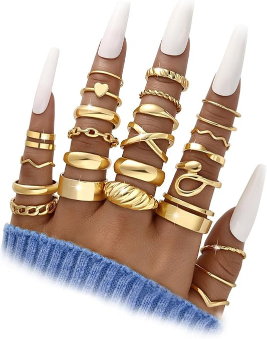 YEEZII 68 Pcs Gold Knuckle Rings Set for Women, Stackable Boho Joint Finger Midi Rings Silver Hollow Carved Crystal Stacking Ring Pack for Gift