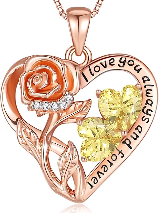 925 Sterling Silver Double Birthstone Rose Flower Heart Jewelry Necklaces for Women Anniversary Love Forever Necklaces for Her Birthday Gifts for Wife Girlfriend Mom Mothers Day Rose Gold