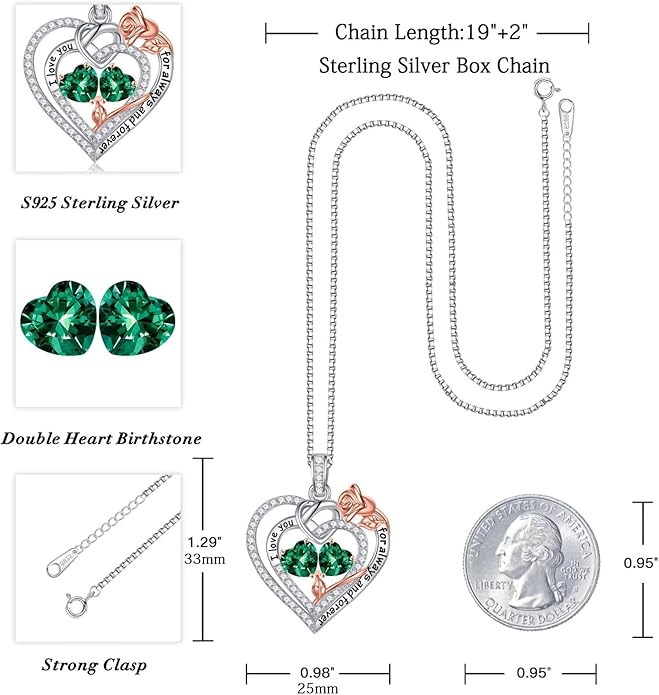 Iefil Rose Heart Necklace Gifts for Wife Women - 925 Sterling Silver Double Birthstone Necklace, Anniversary Birthday Gifts for Women, Jewelry Gift for Wife Girlfriend Mom Her