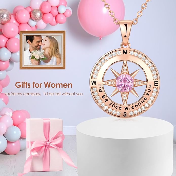 Compass Necklace Gifts for Women wife - S925 Sterling Silver Birthstone Necklaces for Women - Anniversary Birthday Gifts for Her Wife Girlfriend - Valentines Mom Mothers Day Christmas Gifts Jewelry for Women
