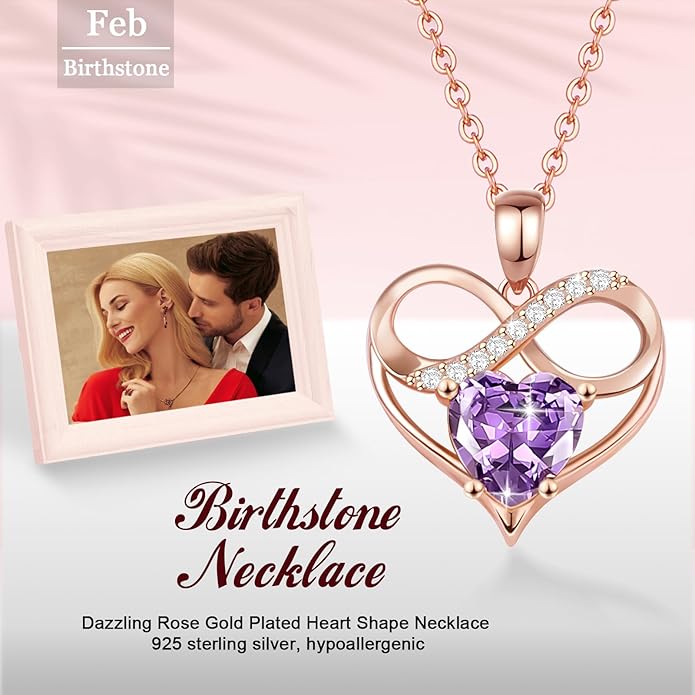 Rose Gold Birthstone Necklaces Heart Birthstone Pendant Necklaces For Women Valentine's Day Mother's Day Anniversary Christmas Gifts