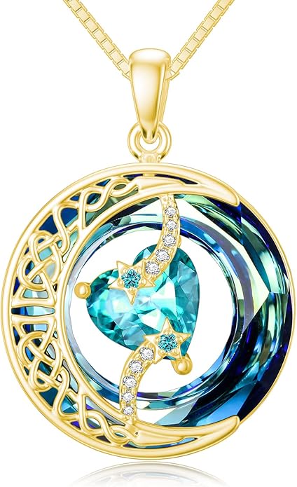 TOUPOP Birthstone Necklace 925 Sterling Silver Moon and Star Pendant with Blue Crystal Celtic Moon Jewelry Birthday Christmas Gifts for Women Mom Wife Her Daughter