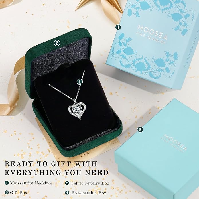 MOOSEA Moissanite Heart Pendant Necklaces for Women, 1-3ct D Color VVS1 925 Sterling Silver Anniversary Birthday Gifts for Women Wife Girlfriend Jewelry Moissanite Necklace