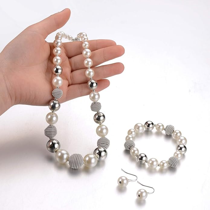 PEARL&CLUB Beaded Chunky Statement Necklace Earring and Bracelet Set Silver Metal Bead Fashion Jewelry Set Mothers’ Day Gifts for Women