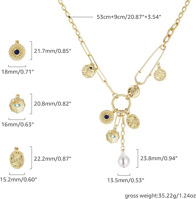 Charm Necklace for Women Gold Evil Eye Sun Moon Flower Coin Pendant Necklace Dainty Paperclip Chain Vintage Luck Amulet Choker Necklaces Celestial Jewelry Gift