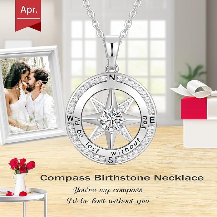 Peeshow Gifts for Women Wife-Compass Birthstone Necklace Gift for Wife Birthday Wedding Anniversary Women Jewelry for Her Girlfriend S925 Sterling Silver