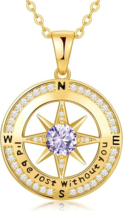 Compass Necklace Gifts for Women wife - S925 Sterling Silver Birthstone Necklaces for Women - Anniversary Birthday Gifts for Her Wife Girlfriend - Valentines Mom Mothers Day Christmas Gifts Jewelry for Women