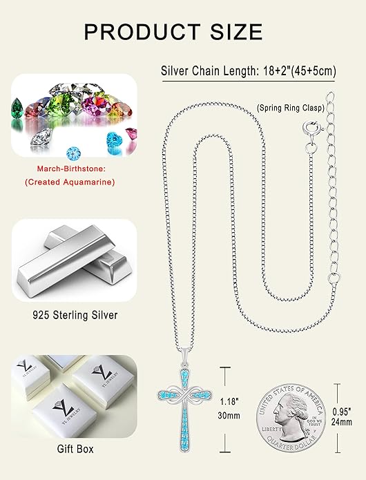 YL 925 Sterling Silver Cross Necklace for Women Halo Infinity Pendant Birthstone Jewelry for Mom