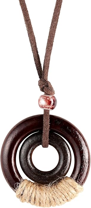 MINACHI Ethnic Boho Chic Double Wooden Ring Circle Necklace, Vintage Bohemian Summer Statement Jewelry Gift for Women