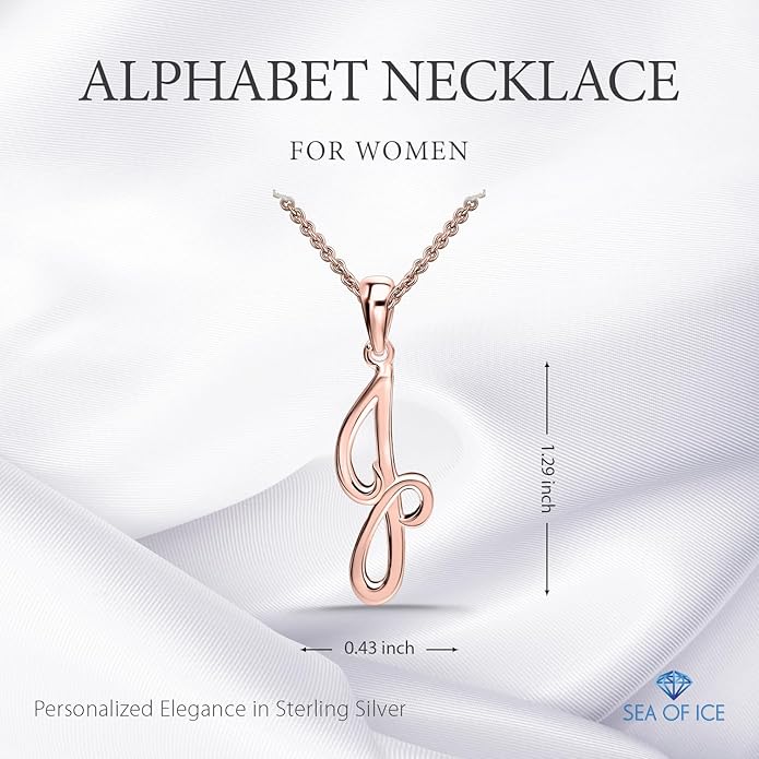 SEA OF ICE Letter Initial Necklace, Alphabet Letter Pendant Necklace, Sterling Silver, Gold, Rose Gold Necklace for Women, Elegant Initial Necklaces, Personalized Custom Women's Necklaces