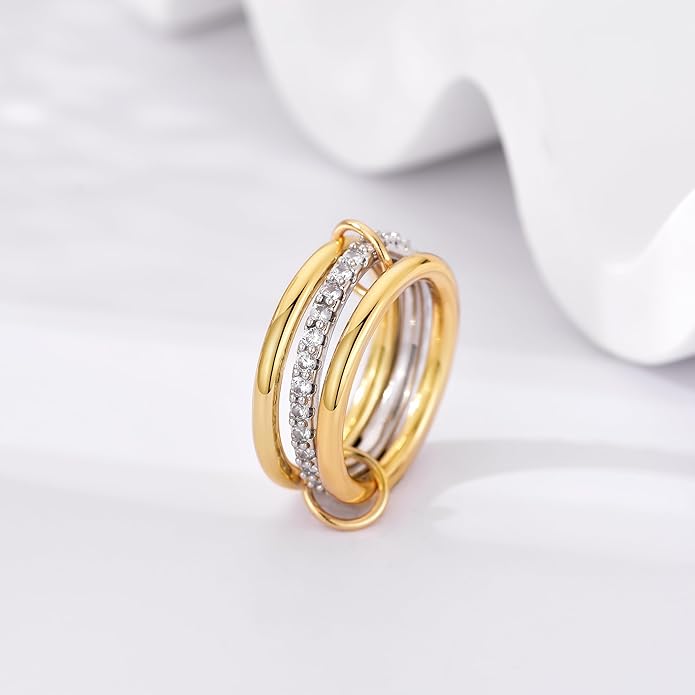 14K Gold Plated Interlocked Stackable Rings for Women Non Tarnish,Gold and Silver Cubic Zirconia Statement Rings Set,Mixed Metals Ring Two-Toned Connected Bands Stacking Jewelry