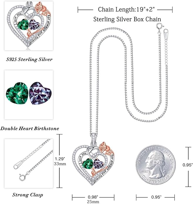 Iefil Rose Heart Necklace Gifts for Wife Women - 925 Sterling Silver Double Birthstone Necklace, Anniversary Birthday Gifts for Women, Jewelry Gift for Wife Girlfriend Mom Her