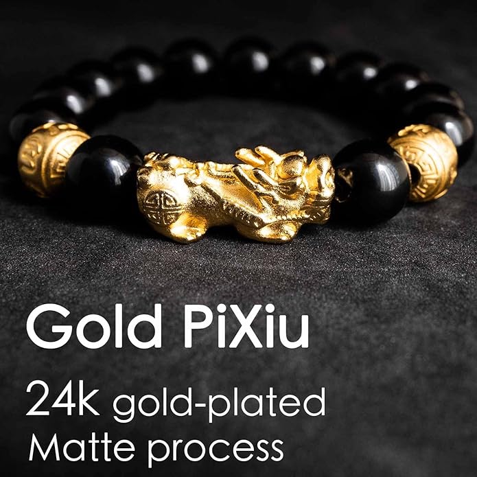 24K Gold Plated PiXiu Dragon Bracelet Feng Shui Bracelet, Obsidian Bracelet Dragon Protection for Men Women, Meditation Prayer Beads Bracelets Meaning to Attract Wealth and Good Luck(12mm)