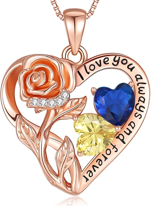 925 Sterling Silver Double Birthstone Rose Flower Heart Jewelry Necklaces for Women Anniversary Love Forever Necklaces for Her Birthday Gifts for Wife Girlfriend Mom Mothers Day Rose Gold