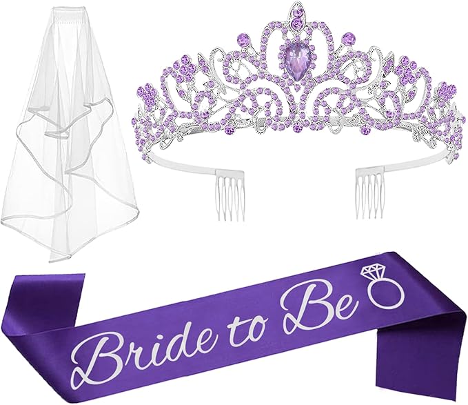 JETKONG 3 Pcs Bachelorette Party Decorations Bridal Shower Crown, Bride to Be Sash&Veil for Women Bachelorette Party Gifts, Bachelorette Party Supplies, Gifts, Favors (Purple)