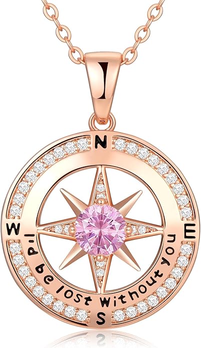 Compass Necklace Gifts for Women wife - S925 Sterling Silver Birthstone Necklaces for Women - Anniversary Birthday Gifts for Her Wife Girlfriend - Valentines Mom Mothers Day Christmas Gifts Jewelry for Women
