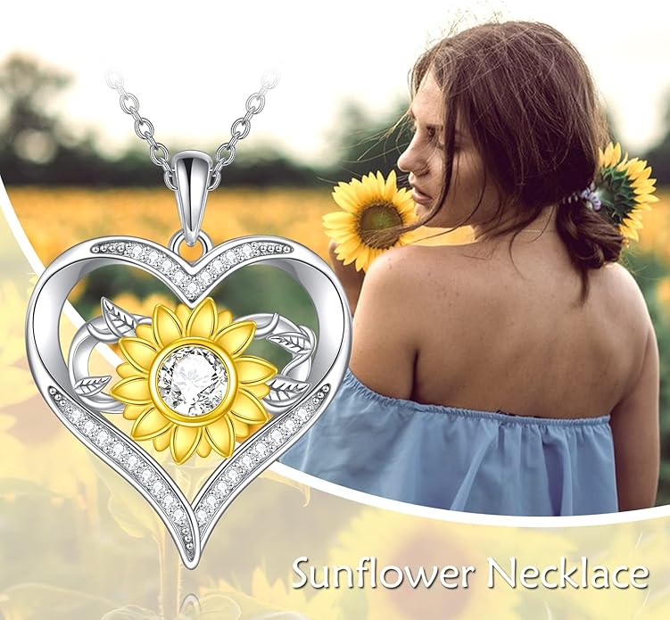 Sunflower Necklace for Women, 18K Gold Plated Silver Moissanite Sunflower Heart/Cross Pendant Necklace You are My Sunshine Gifts Sunflower Jewelry Birthday Christmas Mothers Day Gifts for Her Girlfriend Wife