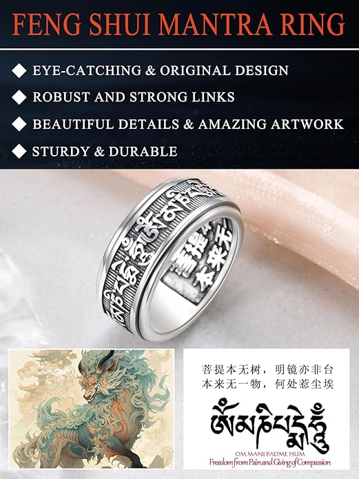 Seiyang Feng Shui Ring 925 Stering Silver Pixiu Mantra Ring Protection Wealth Adjustable Rings Gift for Men Women (with Gift Box)