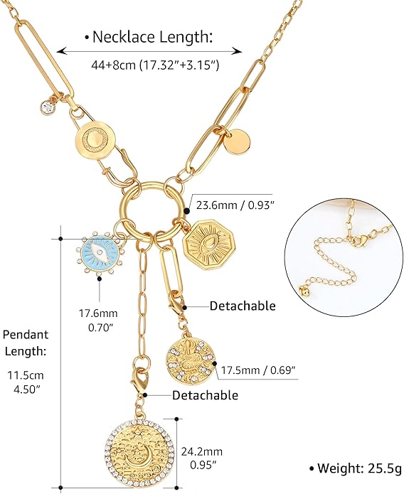 Charm Necklace for Women Gold Evil Eye Sun Moon Flower Coin Pendant Necklace Dainty Paperclip Chain Vintage Luck Amulet Choker Necklaces Celestial Jewelry Gift