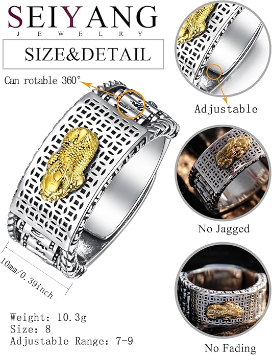 Seiyang Feng Shui Ring 925 Stering Silver Pixiu Mantra Ring Protection Wealth Adjustable Rings Gift for Men Women (with Gift Box)