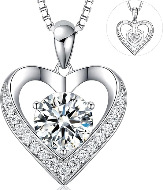 Moissanite Necklace for Women, Heart Pendant Engraved 'I Love You' Gifts for Wife, Valentine's Day Gift Anniversary Eternity Birthday Present Sterling Silver Jewelry for Her