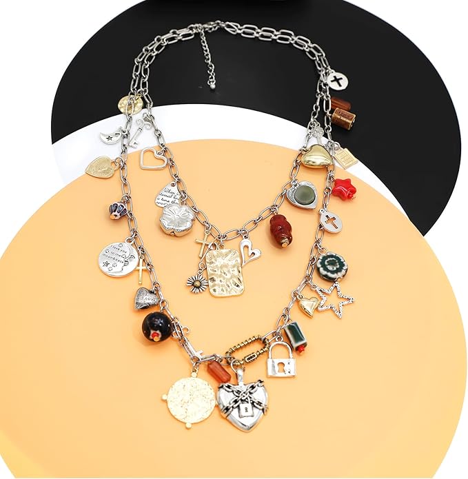 Chunky Retro Heart Necklace for Women Antique Layer Beach Ocean Moon Stars Western Boho Charm Necklaces Retro Link Chain Jewelry