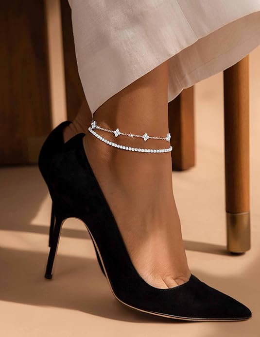 RLMOON Gold Anklets for Women CZ Ankle Bracelet 14K Gold Plated Waterproof Dainty Layered Tennis Heart Dot Chain Silver Clover Anklet Trendy Foot Jewelry