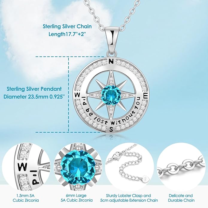 Compass Necklace Gifts for Women wife - S925 Sterling Silver Birthstone Necklaces for Women - Anniversary Birthday Gifts for Her Wife Girlfriend - Valentines Mom Mothers Day Christmas Gifts Jewelry for Women