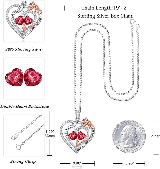 Iefil Rose Heart Necklace Gifts for Wife Women - 925 Sterling Silver Double Birthstone Necklace, Anniversary Birthday Gifts for Women, Jewelry Gift for Wife Girlfriend Mom Her