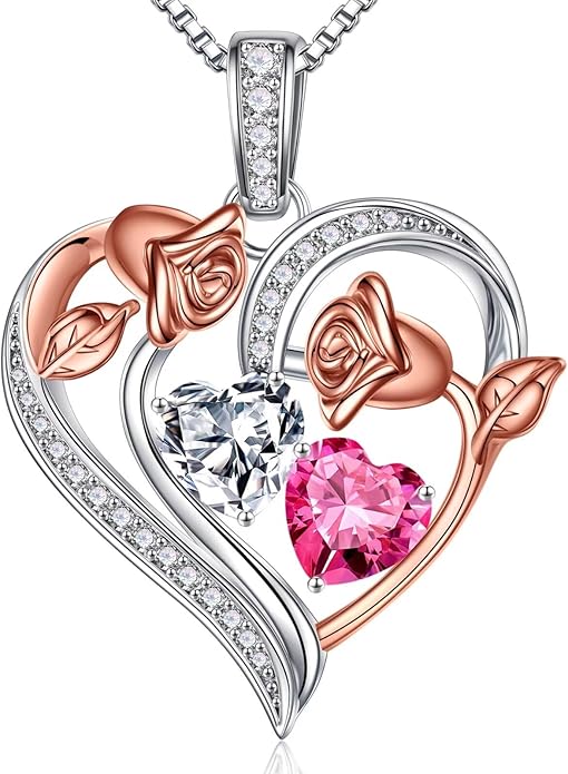 Iefil Birthstone Necklace for Women - 925 Sterling Silver Rose Heart Necklace, Birthstone Jewelry, Anniversary Birthday Gifts for Wife Girlfriend Mom Daughter