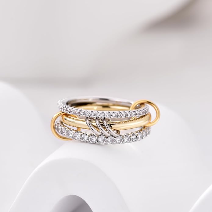 14K Gold Plated Interlocked Stackable Rings for Women Non Tarnish,Gold and Silver Cubic Zirconia Statement Rings Set,Mixed Metals Ring Two-Toned Connected Bands Stacking Jewelry