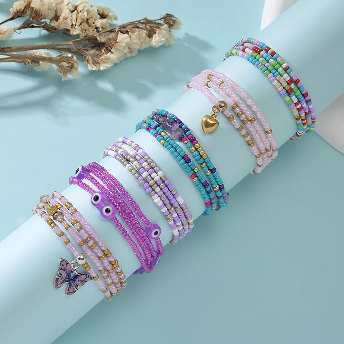 Tornito 8Pcs 31.5 Inches African Waist Bead Chain Elastic Belly Beads Butterfly Shell Layered Body Chain Colorful Jewelry Accessories for Women