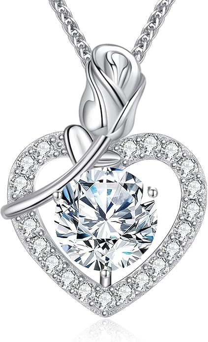 Rose Heart Pendant Necklace Gifts for Wife, 2-4 Carat Moissanite Heart Necklace Engraved with 'I LOVE YOU', Ideal Anniversary Present or Birthday Jewelry Gifts for Mom Wife Her Girlfriend