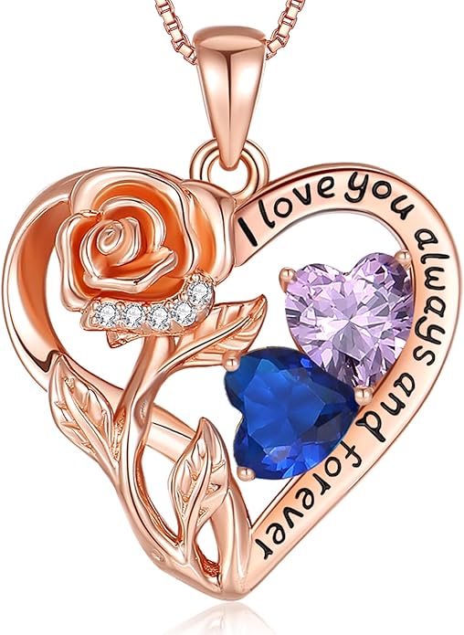 925 Sterling Silver Double Birthstone Rose Flower Heart Jewelry Necklaces for Women Anniversary Love Forever Necklaces for Her Birthday Gifts for Wife Girlfriend Mom Mothers Day Rose Gold