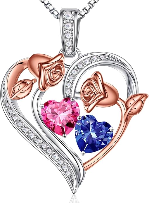 Iefil Birthstone Necklace for Women - 925 Sterling Silver Rose Heart Necklace, Birthstone Jewelry, Anniversary Birthday Gifts for Wife Girlfriend Mom Daughter