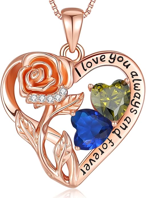 925 Sterling Silver Double Birthstone Rose Flower Heart Jewelry Necklaces for Women Anniversary Love Forever Necklaces for Her Birthday Gifts for Wife Girlfriend Mom Mothers Day Rose Gold