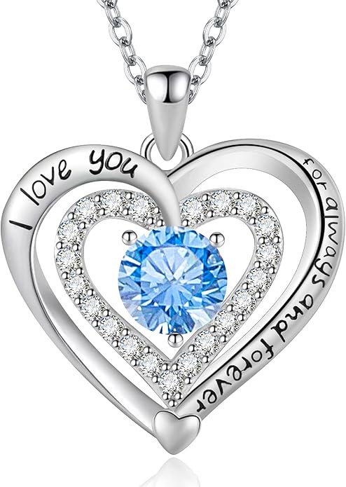 Heart Necklace, I Love You Always & Forever, Birthstone Cubic Zirconia Pendant, Gift for Women