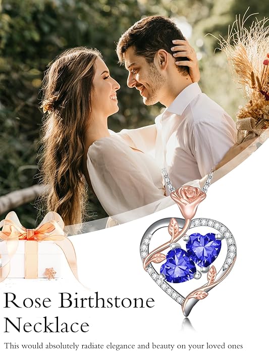 Jewelry for Her Double Heart Rose Birthstone Pendant Necklace Anniversary Jewelry Christmas Birthday Gifts for Women Wife Girlfriend