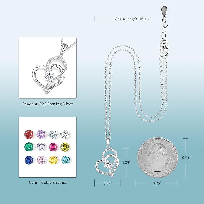 Heart Birthstone Silver Necklace for Women, S925 Sterling Silver Pendant Necklace Birthday Jewelry Gifts for Her Mother Mom Wife Girlfriend