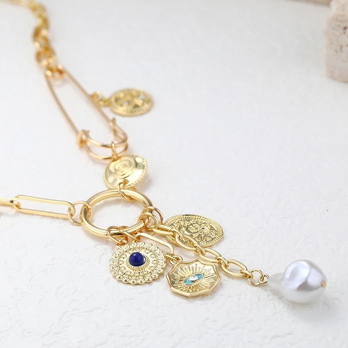 Charm Necklace for Women Gold Evil Eye Sun Moon Flower Coin Pendant Necklace Dainty Paperclip Chain Vintage Luck Amulet Choker Necklaces Celestial Jewelry Gift