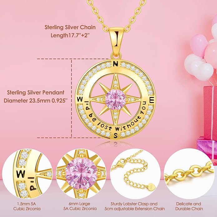 Compass Necklace Gifts for Women wife - S925 Sterling Silver Birthstone Necklaces for Women - Anniversary Birthday Gifts for Her Wife Girlfriend - Valentines Mom Mothers Day Christmas Gifts Jewelry for Women