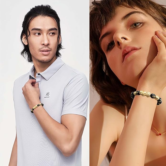 Feng Shui Bracelet 24K Gold Plated PiXiu, Colored Eyes Obsidian Dragon Protection Bracelet Meditation Decompression Prayer Beads Lucky Wealth Bracelets for Men Women(12mm)